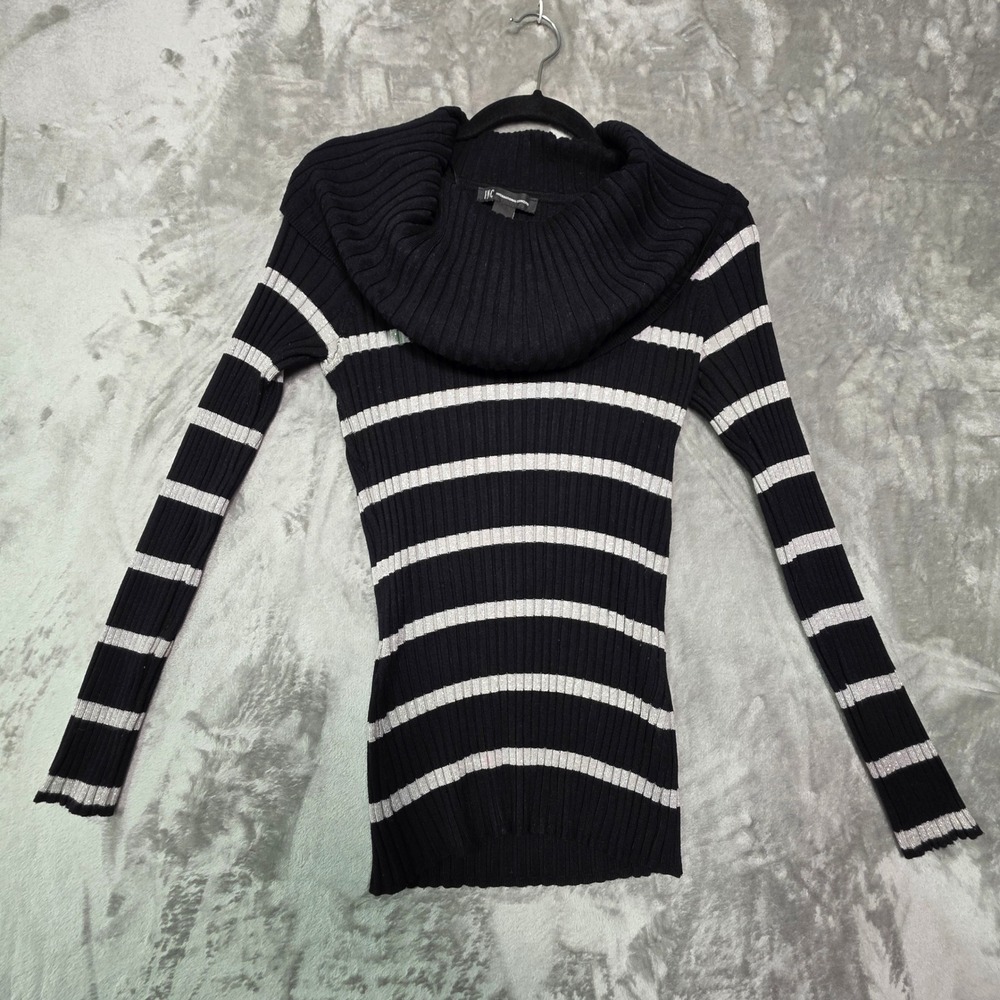 INC International Concepts Black Silver Striped Cowl Neck Ribbed Sweater Medium
